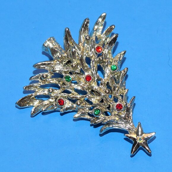 Vintage TANCER II Christmas Tree Brooch Pin Holiday Xmas Rhinestone Gold Tone - Picture 4 of 7